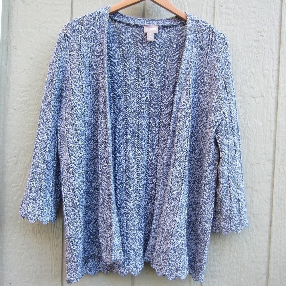 Chico's Cardigan Women's 2 /L ,3/4 Sleeve Scallop,loose knit,Grandmacore,Metalli